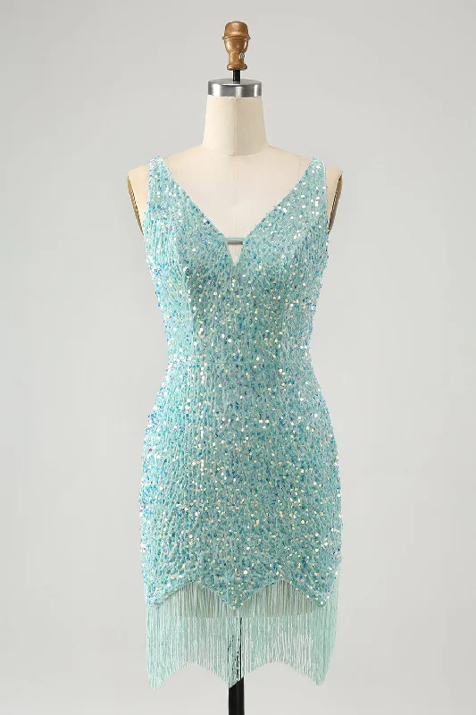 Shop More, Spend Less!Sparkly Sage Bodycon V Neck Short Prom Dress with Tassels