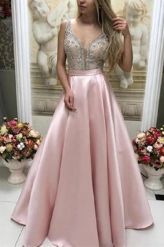 Save Up to 50% Off!Sparkly Satin Pink Beaded Long Prom Dress with Open Back PSK130