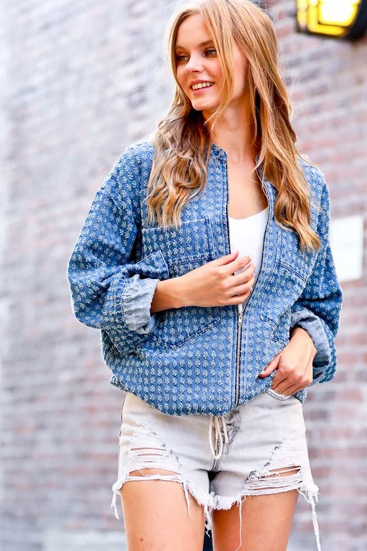 Sale Alert – Get Ready to Shop!SWISS DOT TEXTURED DENIUM JACKET