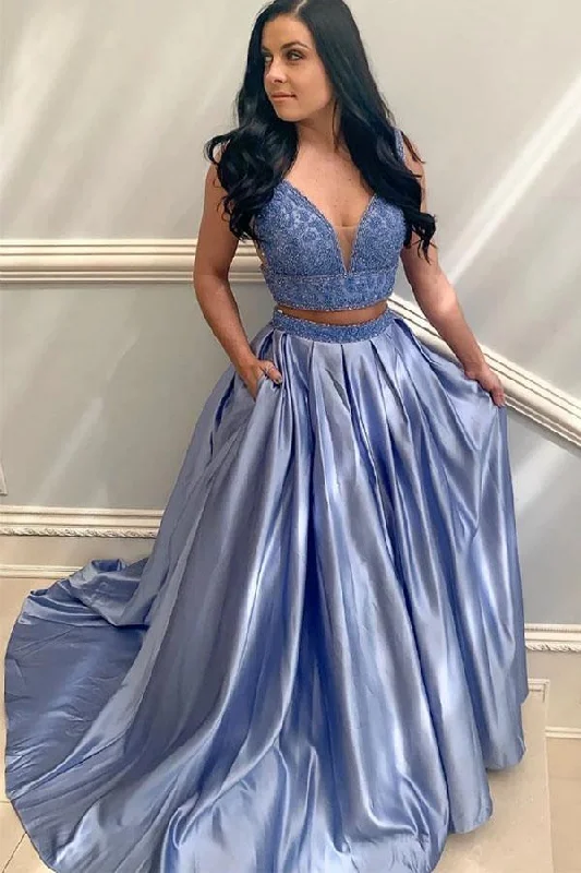 Today’s Deals, Tomorrow’s Regrets!Two Piece V Neck Blue Satin Prom Dress Evening Dress With Beading PSK126
