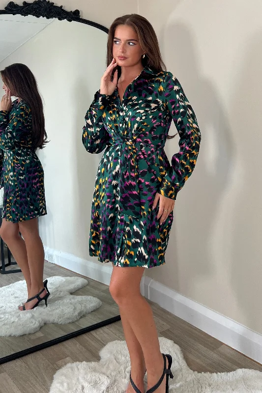 Score Big Savings Today!Verity Green Animal Tie Front Mini Dress