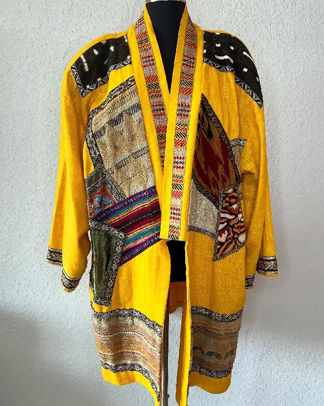 Unlock Huge Savings Now!Vintage 90’s Yellow Linen Mudcloth Patchwork Duster Jacket