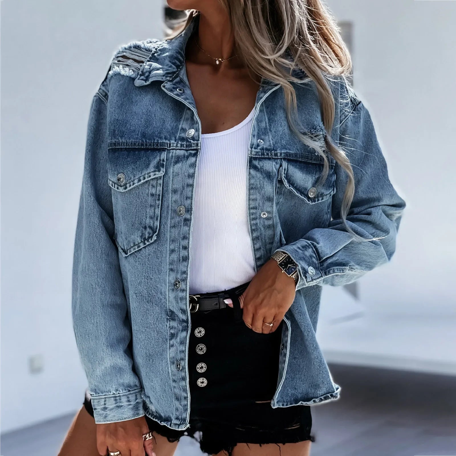 Stock Up and Save!Vintage Washed Holes Ripped Loose Pocket Turn-down Collar Outwear Jacket