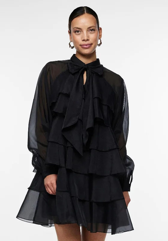 Massive Price Cuts!Y.A.S Eloise Bow Tie Neckline Tiered Mini Dress, Black