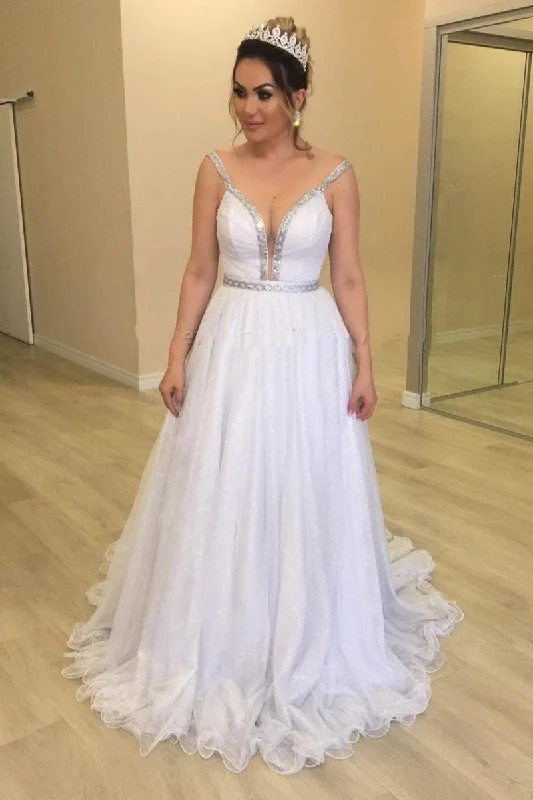 Score Huge Discounts Today!A-line Sequin Tulle Wedding Dress with Beads Straps