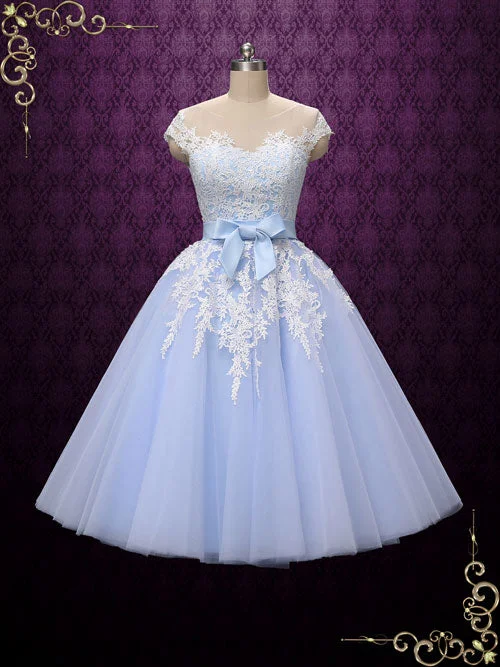 Snag the Best Prices Now!Blue Retro Tea Length Wedding Dress with Illusion Neckline ROSALIE Snag the Best Prices Now!Blue Retro Tea Length Wedding Dress with Illusion Neckline ROSALIE