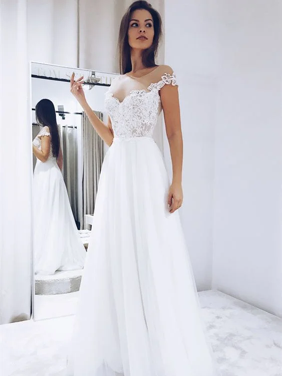Buy More, Pay Less!Cap Sleeves Illusion Lace Tulle Wedding Dresses, Simple Elegant Long Wedding Dresses, A-line Wedding Dresses Buy More, Pay Less!Cap Sleeves Illusion Lace Tulle Wedding Dresses, Simple Elegant Long Wedding Dresses, A-line Wedding Dresses