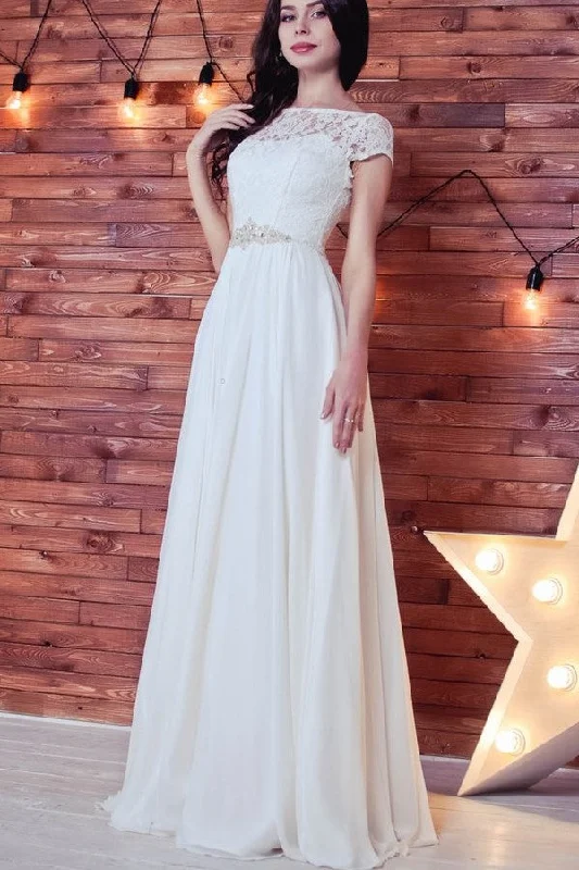 Limited Stock Available!Chiffon Floor-Length Wedding Dress with Lace Sleeves