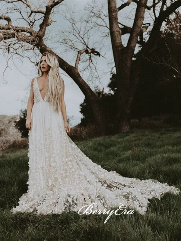 Sale Alert – Get Ready to Shop!Deep V-neck Spaghetti Straps Wedding Dresses, Appliques Wedding Dresses