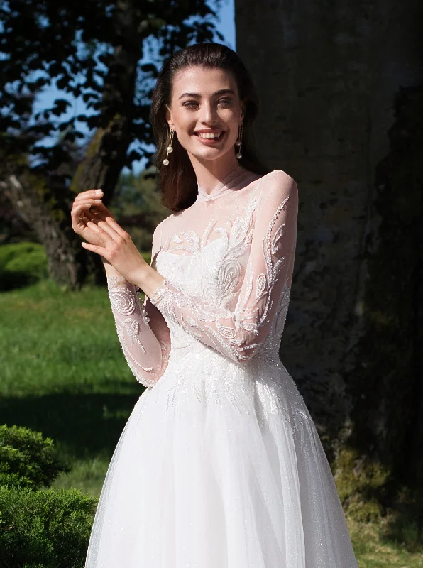 Special Discounts Inside!Elegant Sheer Long Sleeves Illusion Neck A-Line Wedding Gown Special Discounts Inside!Elegant Sheer Long Sleeves Illusion Neck A-Line Wedding Gown