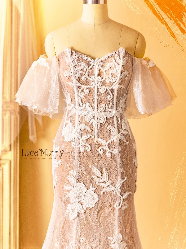 Flash Sale – Act Fast!MARA / Fitted Nude Wedding Dress with Amazing Beading Detail and Puffy Sleeves Flash Sale – Act Fast!MARA / Fitted Nude Wedding Dress with Amazing Beading Detail and Puffy Sleeves