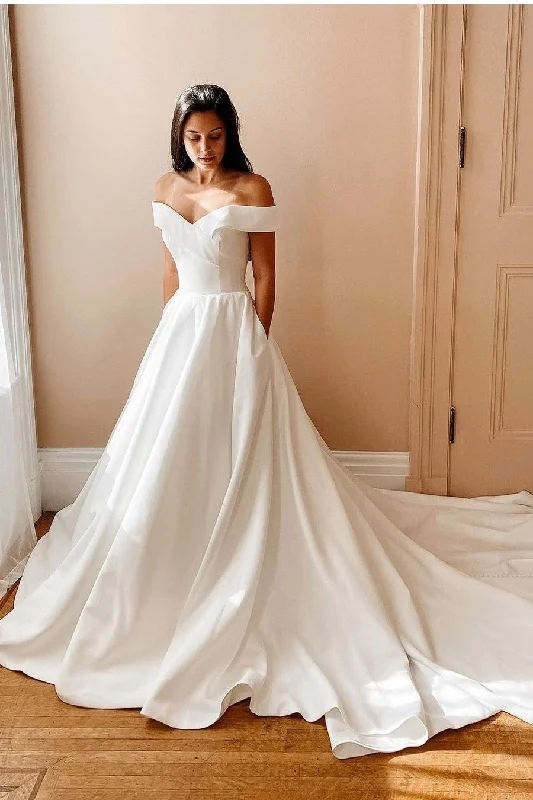 Act Fast – Limited Time Savings!Folded Off-the-shoulder Satin Wedding Gown with Long Train Act Fast – Limited Time Savings!Folded Off-the-shoulder Satin Wedding Gown with Long Train