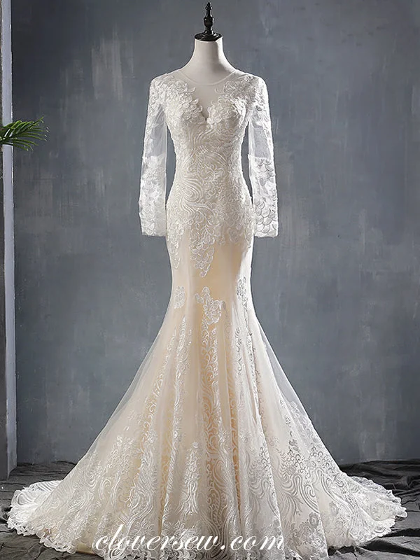 The Best Deals Won’t Wait!Illusion Lace Long Sleeves Mermaid Lace Up Back Wedding Dresses, CW0070 The Best Deals Won’t Wait!Illusion Lace Long Sleeves Mermaid Lace Up Back Wedding Dresses, CW0070