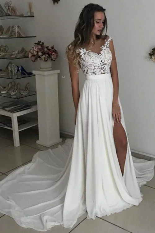 Savings You Can’t Ignore!Lace Chiffon Beach Wedding Dress with Illusion Neckline