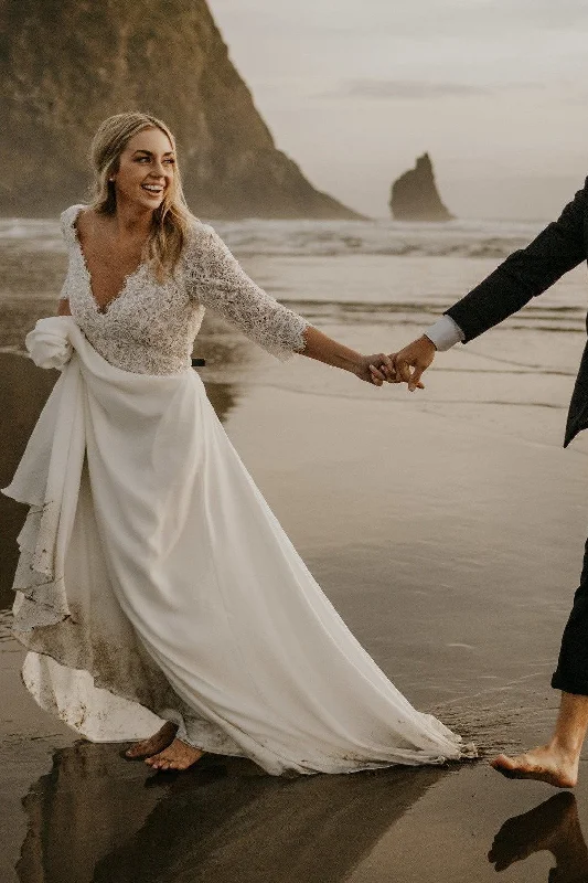 Hottest Discounts of the Year!Lace Elbow Sleeves Wedding Dress with Chiffon Skirt