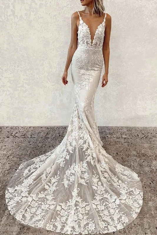 Get It Before It’s Gone!Lace Floral Wedding Gown with Deep V-neckline