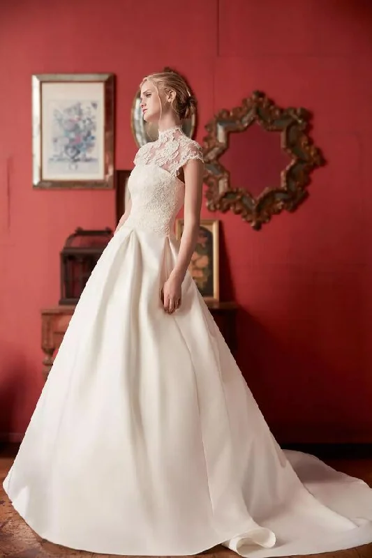 Save Money, Shop Happy!Lace High Neck Modest Wedding Gown Satin Skirt