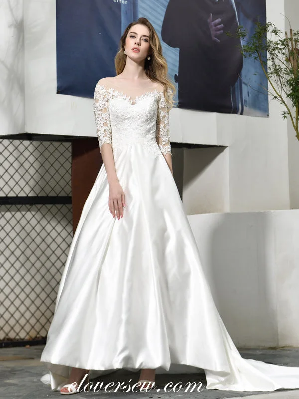 Best Deals Just for You!Lace Top Off The Shoulder Satin A-line Half Sleeves Wedding Dresses, CW0076 Best Deals Just for You!Lace Top Off The Shoulder Satin A-line Half Sleeves Wedding Dresses, CW0076