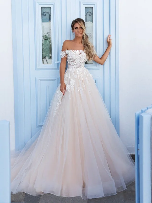 Get Ready to Save!Off Shoulder Long A-line Lace Tulle Wedding Dresses, Newest Wedding Dresses, 2020 Wedding Dresses Get Ready to Save!Off Shoulder Long A-line Lace Tulle Wedding Dresses, Newest Wedding Dresses, 2020 Wedding Dresses