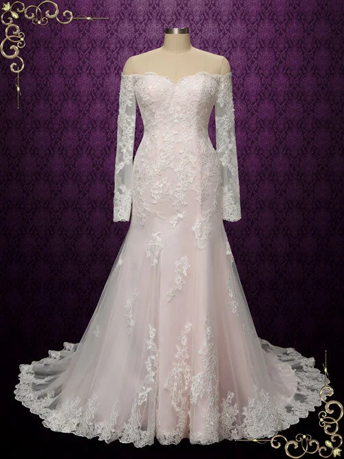 Best Price of the Season!Pearl Pink Vintage Style Lace Wedding Dress with Off Shoulder Long Sleeves MEG Best Price of the Season!Pearl Pink Vintage Style Lace Wedding Dress with Off Shoulder Long Sleeves MEG