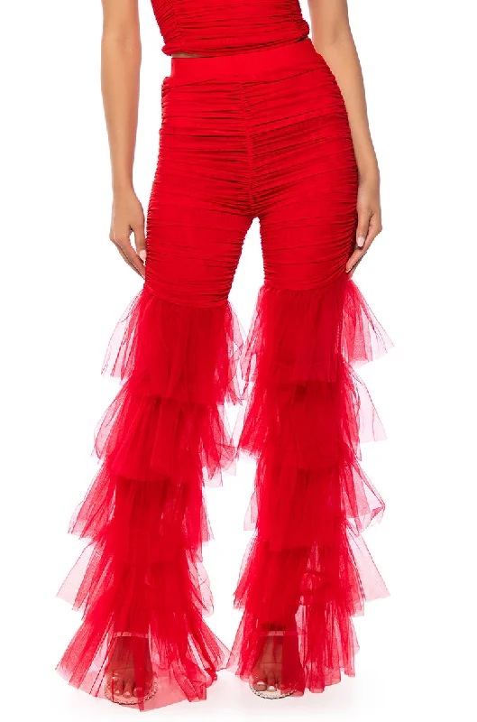 Get Ready to Save!SAMMIE CINCHED MESH FLARE LEG PANT IN RED