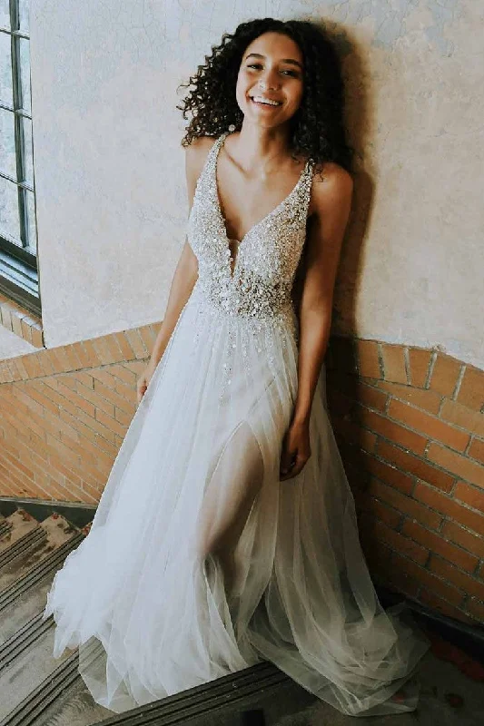 Grab Yours Before It’s Too Late!Plunging Beading Tulle Wedding Dresses with Sheer Bodice Grab Yours Before It’s Too Late!Plunging Beading Tulle Wedding Dresses with Sheer Bodice