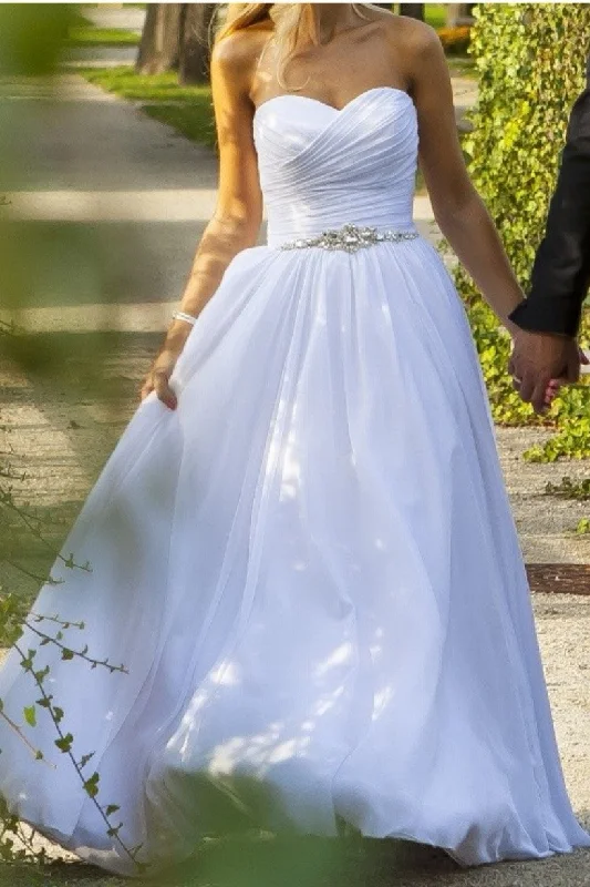 Mega Sale Happening Now!Ruching Strapless White Chiffon Bridal Dress with Rhinestones Belt Mega Sale Happening Now!Ruching Strapless White Chiffon Bridal Dress with Rhinestones Belt