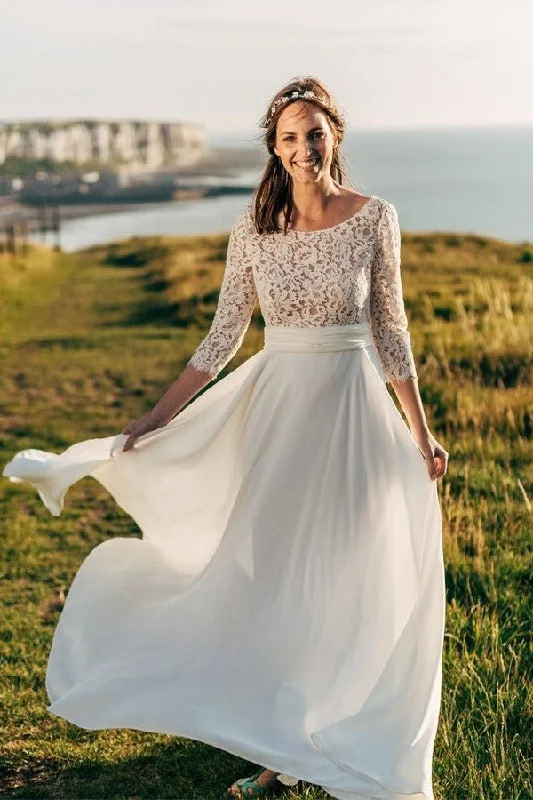 Save More When You Shop More!Scoop Neck Lace Boho Wedding Gown Chiffon Skirt