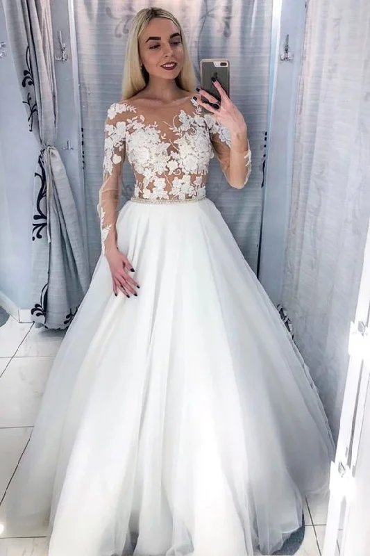 Stock Up and Save!Semi-Illusion Floral Lace Bridal Dresses with Tulle Skirt