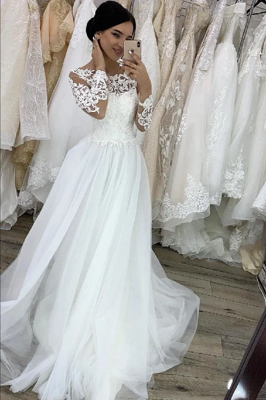 Shop Before It’s Gone!Sheer Lace Long Sleeves Wedding Gown Tulle Skirt