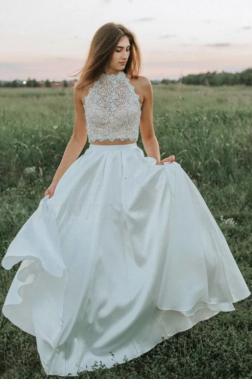 Instant Savings Await!Sheer Lace Two Piece Wedding Dresses Satin Skirt