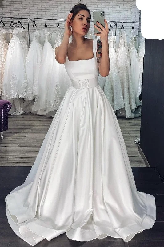 One Day Only – Huge Savings!Square Neck Satin Bridal Dress with Wide Waistband