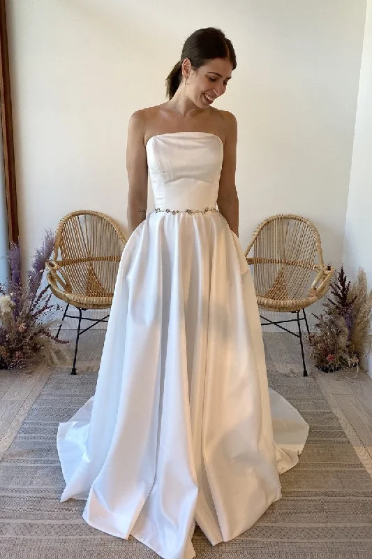 Snag the Best Prices Now!Strapless Satin Bridal Dresses with Jewelry Sash