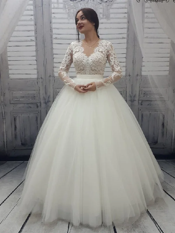 Don’t Wait – Shop Today!V-neck Long Sleeves A-line Lace Top Tulle Wedding Dresses, Long Wedding Dresses, Popular Wedding Dresses Don’t Wait – Shop Today!V-neck Long Sleeves A-line Lace Top Tulle Wedding Dresses, Long Wedding Dresses, Popular Wedding Dresses