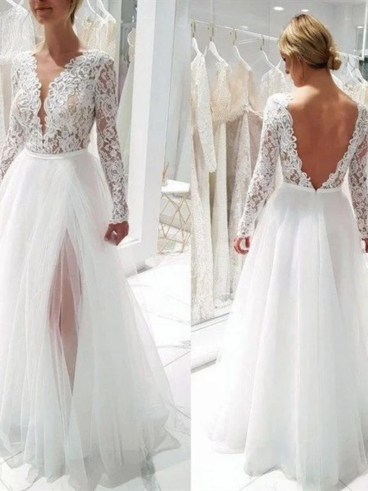 Huge Price Cuts Await!V-neck Long Sleeves Lace Tulle Wedding Dresses, Side Slit Wedding Desses, Newest A-line Wedding Dresses Huge Price Cuts Await!V-neck Long Sleeves Lace Tulle Wedding Dresses, Side Slit Wedding Desses, Newest A-line Wedding Dresses