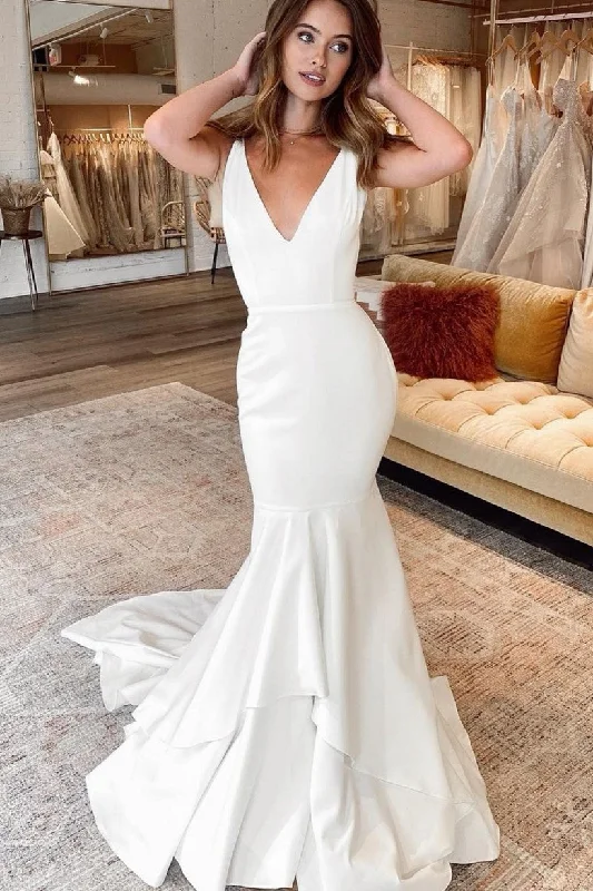 Limited Edition, Limited Price!V-neck Mermaid Wedding Gowns with Layers Skirt