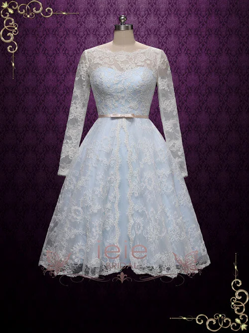 Find Your Perfect Deal Today!Vintage Inspired Blue Tea Length Lace Wedding Dress with Sleeves MAYA Find Your Perfect Deal Today!Vintage Inspired Blue Tea Length Lace Wedding Dress with Sleeves MAYA