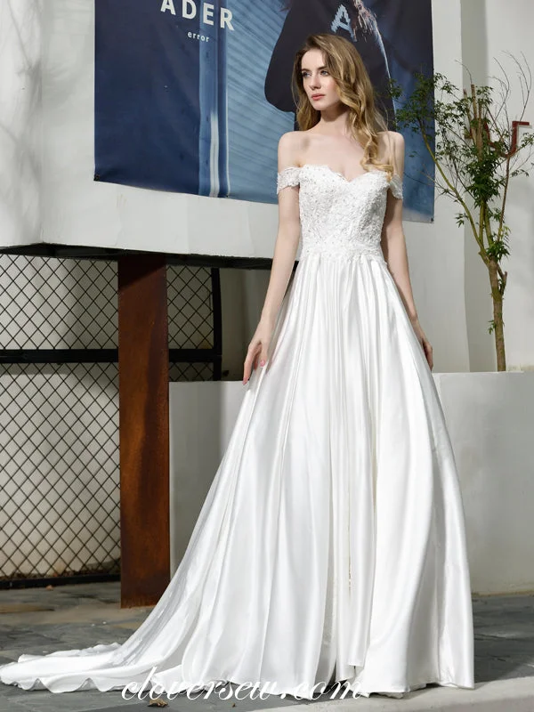 Shop Before It’s Gone!White Bead Lace Satin Off The Shoulder A-line Wedding Dresses, CW0075