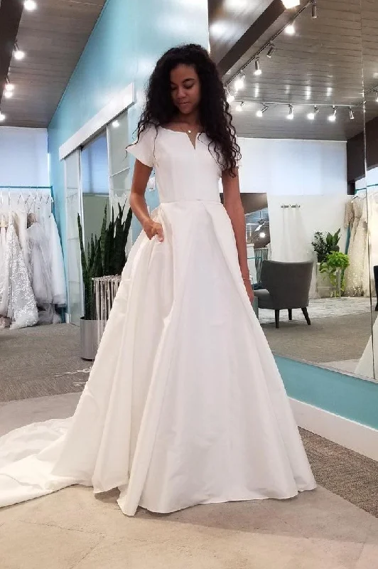 Get More, Spend Less – Shop Now!White Satin Short Sleeves Wedding Dresses with Pockets Get More, Spend Less – Shop Now!White Satin Short Sleeves Wedding Dresses with Pockets
