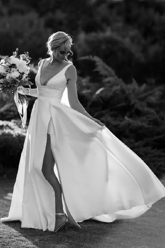 Limited Deals, Unlimited Savings!Wide V-neck Satin Bridal Gown with Long Leg Slit