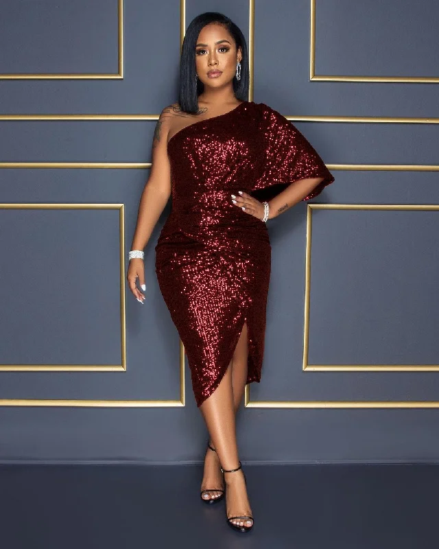 Time to Snag a Bargain!FashionSierra - Solid Sequins One Puff Sleeve Celebrity Party Midi Dress