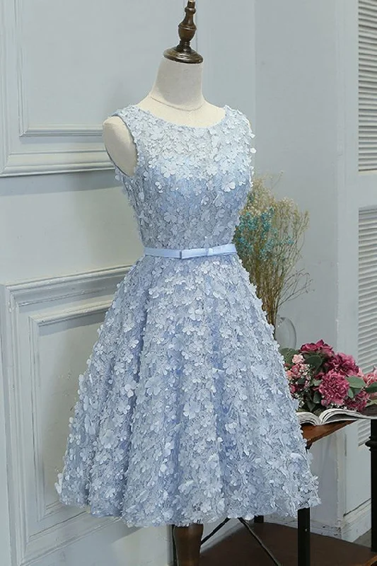Limited Stock Available!A-Line Boat Neck Knee-Length Blue Lace Homecoming Dress with Appliques cg12011 Limited Stock Available!A-Line Boat Neck Knee-Length Blue Lace Homecoming Dress with Appliques cg12011