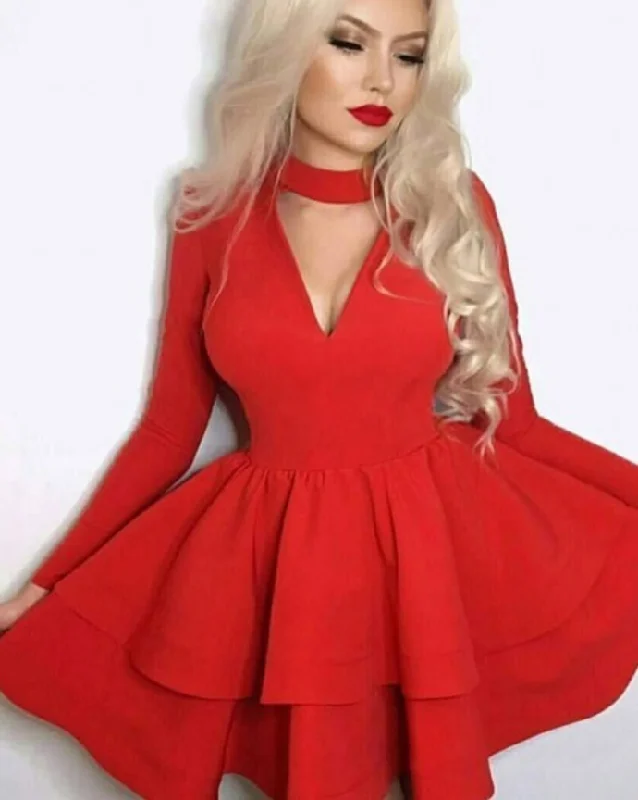The Best Deals Won’t Wait!A-Line Choker Neck Long Sleeves Red Satin Homecoming Dress cg12581 The Best Deals Won’t Wait!A-Line Choker Neck Long Sleeves Red Satin Homecoming Dress cg12581