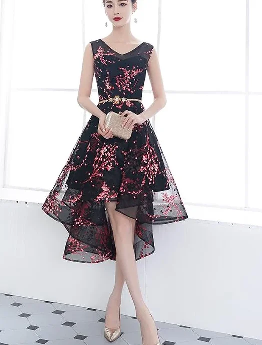 Time to Snag a Bargain!Adorable Black Floral High Low Homecoming Dress   cg13256