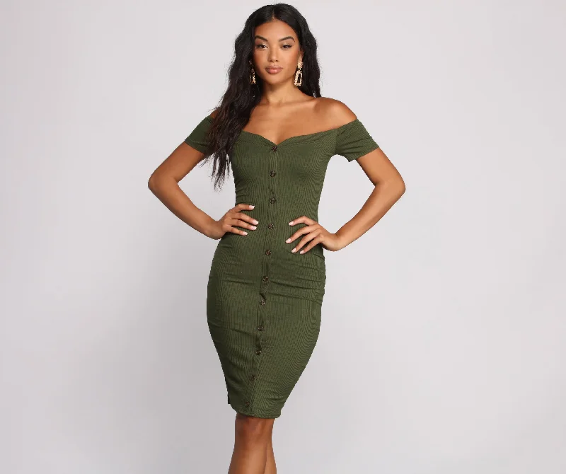 Don’t Wait – Deals Won’t Last!All Buttoned Up Off The Shoulder Midi Dress