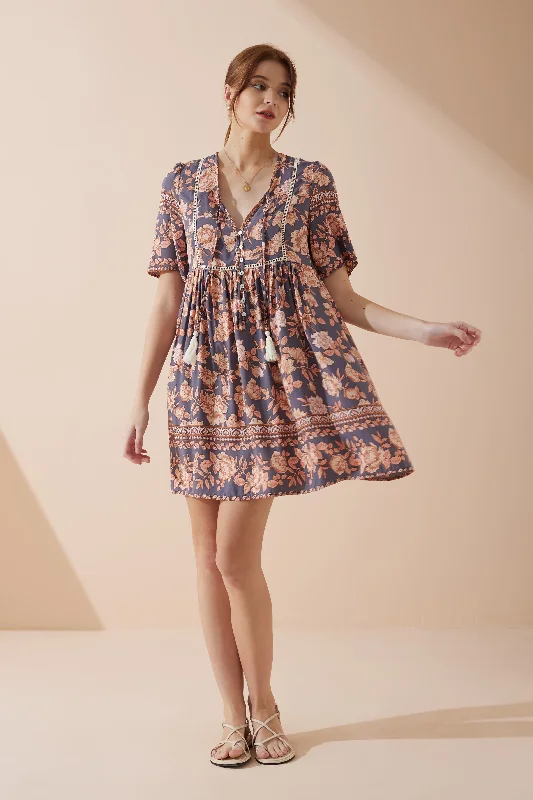 Steals and Deals Await!Amarante Navy Peach Floral Boho V-Neck Mini Dress