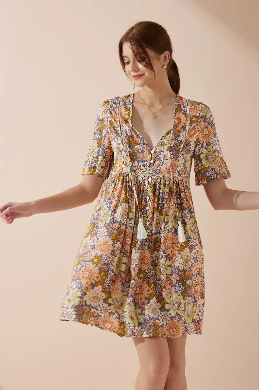 Shop More, Spend Less!Aurelie Orange Blue Floral V-Neck Mini Dress