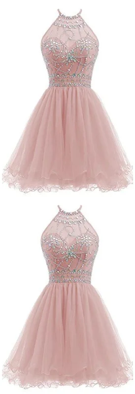 Shop the Hottest Deals!Beaded Halter Homecoming Dress Short Tulle dress   cg14194