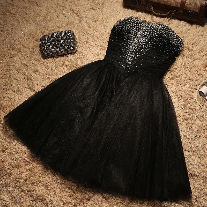 Your Favorite Sale is Back!Black Sparkle Beaded Sweetheart Tulle Black Homecoming Dress    cg13176