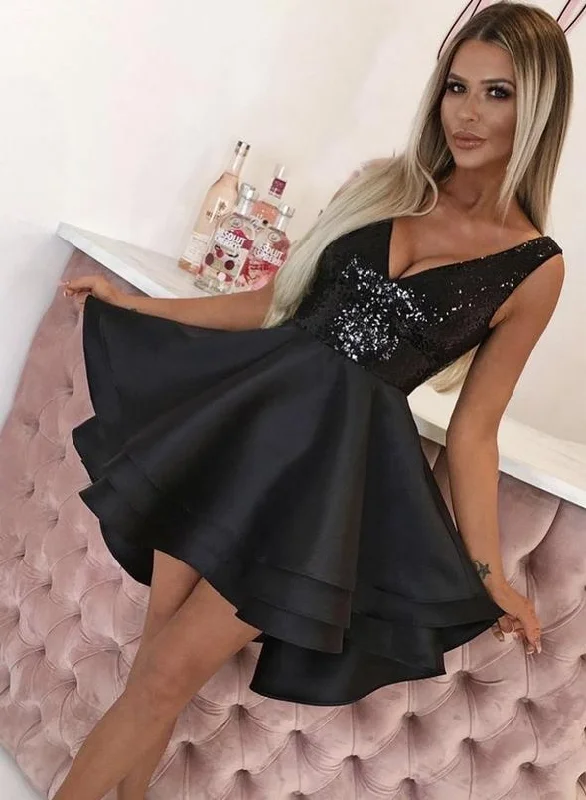 Save Money, Shop Happy!Black v neck sequins short dress homecoming dress   cg13359